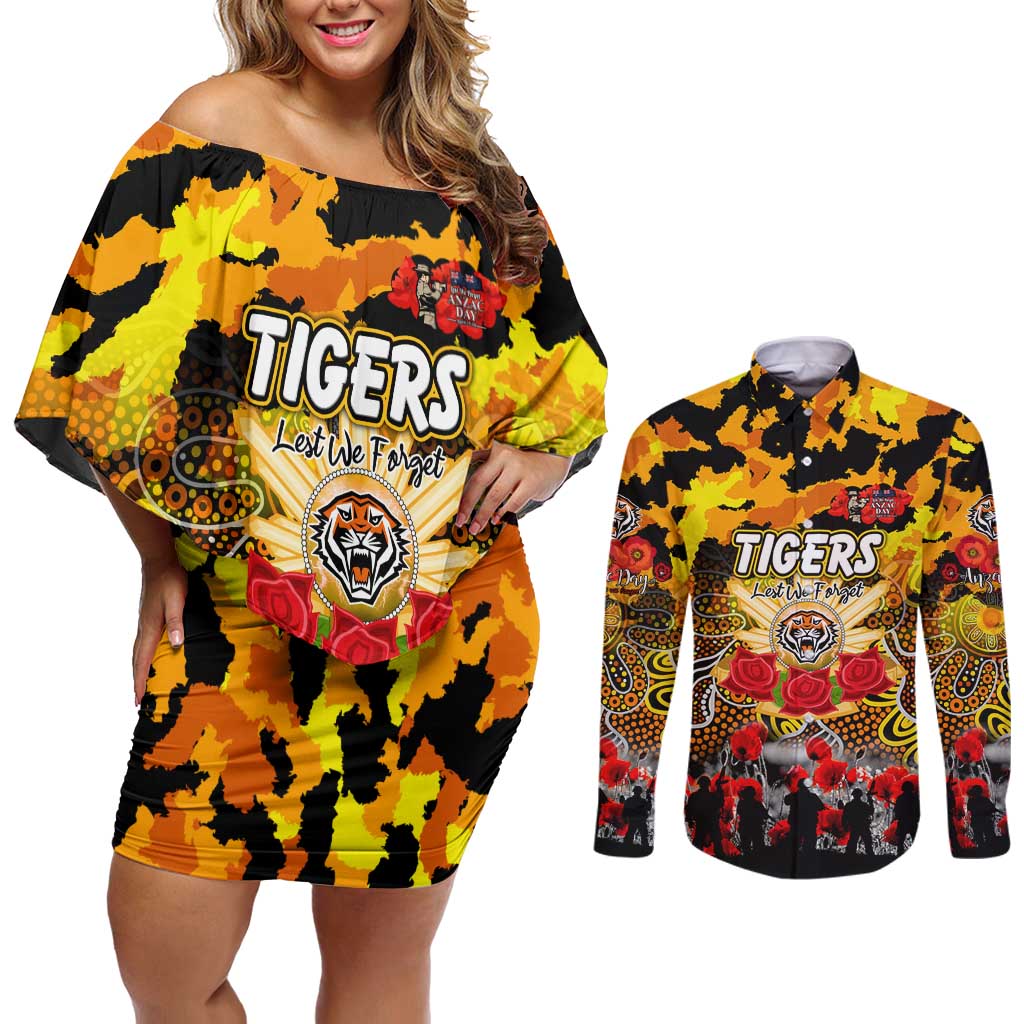 Personalized Tigers ANZAC Day Couples Matching Off Shoulder Short Dress and Long Sleeve Button Shirt Australian Army - Lest We Forget