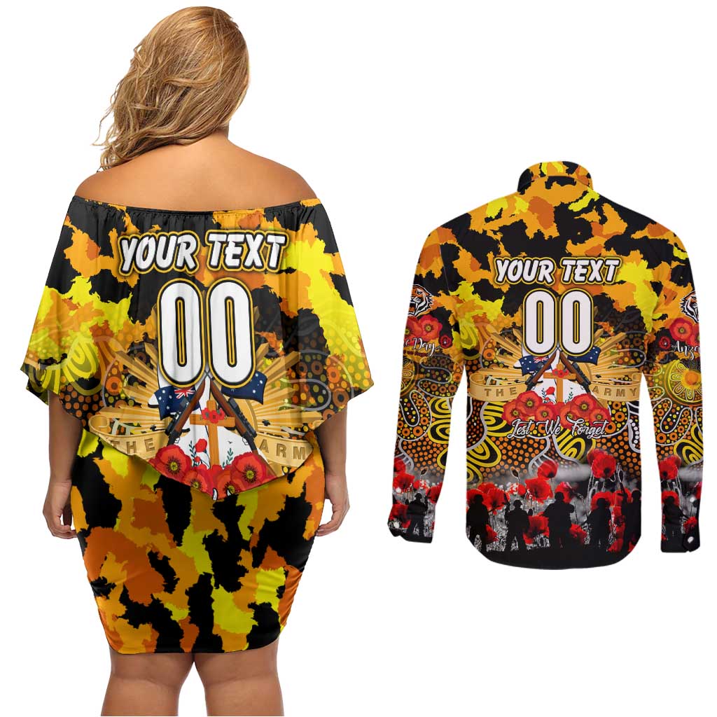 Personalized Tigers ANZAC Day Couples Matching Off Shoulder Short Dress and Long Sleeve Button Shirt Australian Army - Lest We Forget