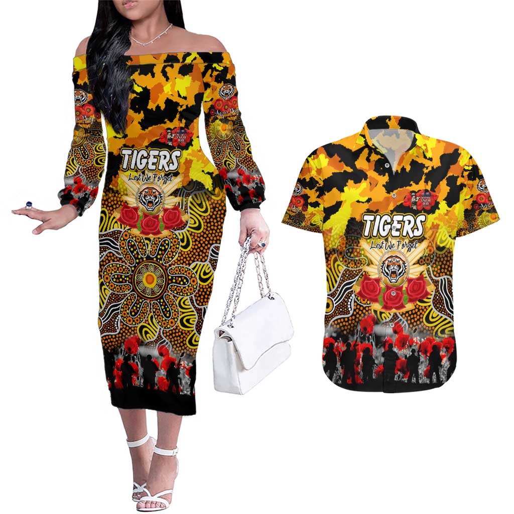 Personalized Tigers ANZAC Day Couples Matching Off The Shoulder Long Sleeve Dress and Hawaiian Shirt Australian Army - Lest We Forget