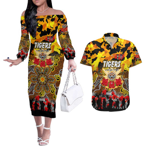 Personalized Tigers ANZAC Day Couples Matching Off The Shoulder Long Sleeve Dress and Hawaiian Shirt Australian Army - Lest We Forget