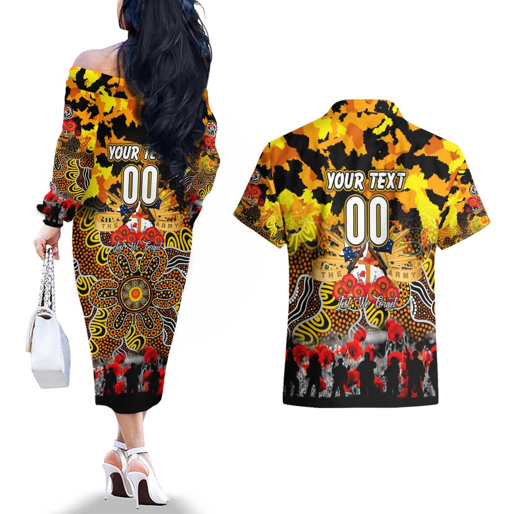 Personalized Tigers ANZAC Day Couples Matching Off The Shoulder Long Sleeve Dress and Hawaiian Shirt Australian Army - Lest We Forget