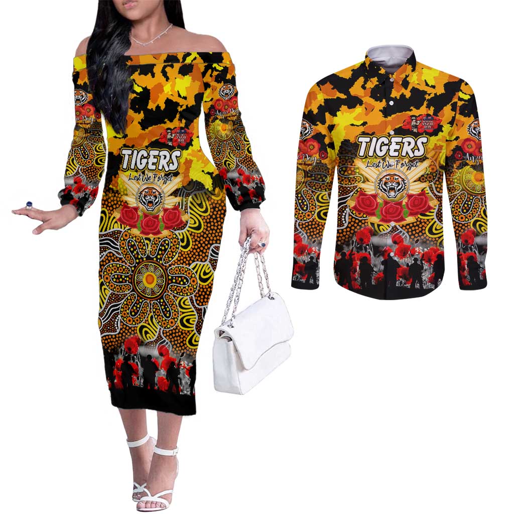 Personalized Tigers ANZAC Day Couples Matching Off The Shoulder Long Sleeve Dress and Long Sleeve Button Shirt Australian Army - Lest We Forget
