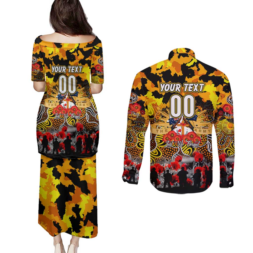 Personalized Tigers ANZAC Day Couples Matching Puletasi and Long Sleeve Button Shirt Australian Army - Lest We Forget