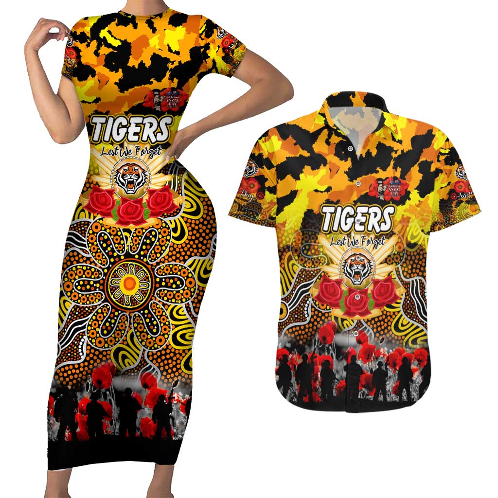 Personalized Tigers ANZAC Day Couples Matching Short Sleeve Bodycon Dress and Hawaiian Shirt Australian Army - Lest We Forget