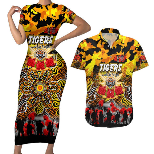 Personalized Tigers ANZAC Day Couples Matching Short Sleeve Bodycon Dress and Hawaiian Shirt Australian Army - Lest We Forget