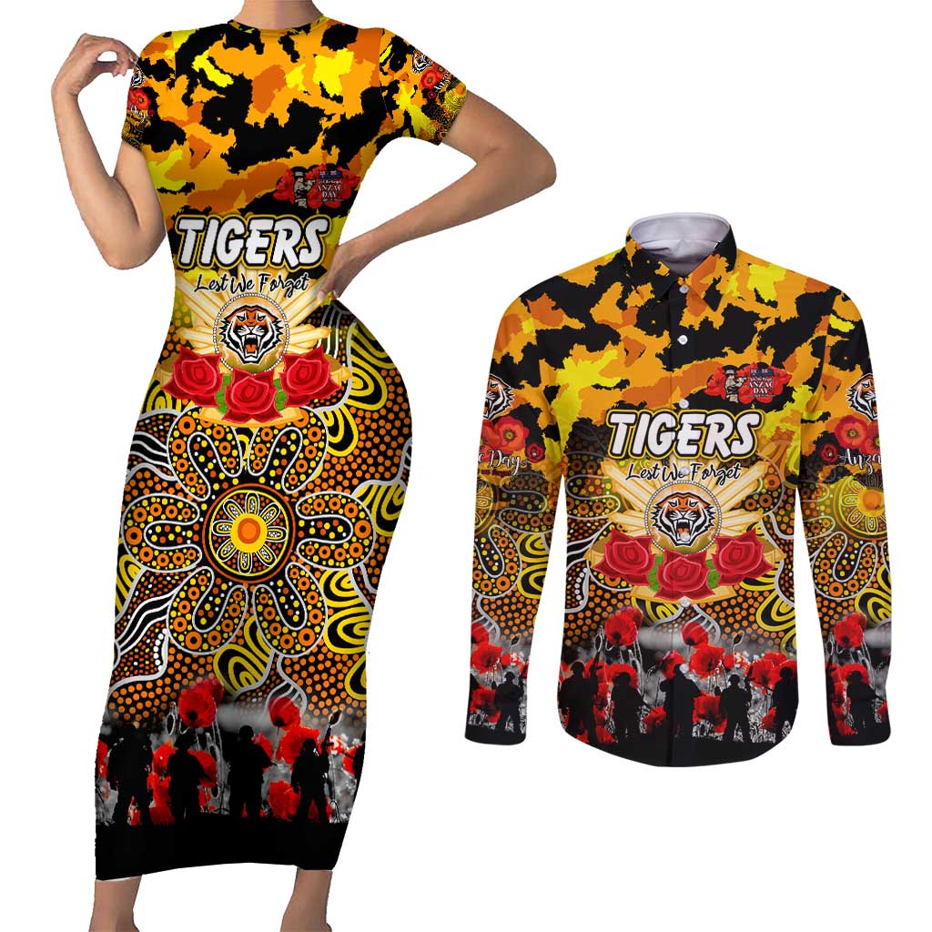 Personalized Tigers ANZAC Day Couples Matching Short Sleeve Bodycon Dress and Long Sleeve Button Shirt Australian Army - Lest We Forget