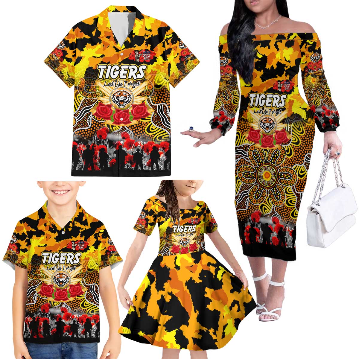 Personalized Tigers ANZAC Day Family Matching Off The Shoulder Long Sleeve Dress and Hawaiian Shirt Australian Army - Lest We Forget