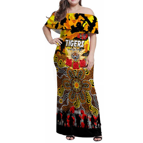 Personalized Tigers ANZAC Day Family Matching Off Shoulder Maxi Dress and Hawaiian Shirt Australian Army - Lest We Forget