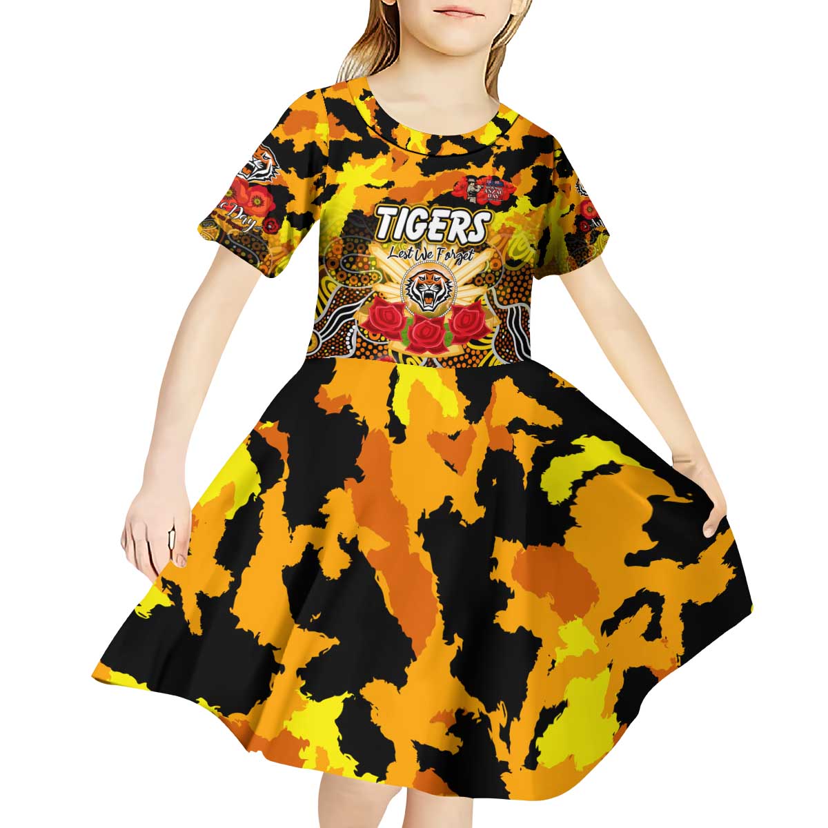 Personalized Tigers ANZAC Day Kid Short Sleeve Dress Australian Army - Lest We Forget