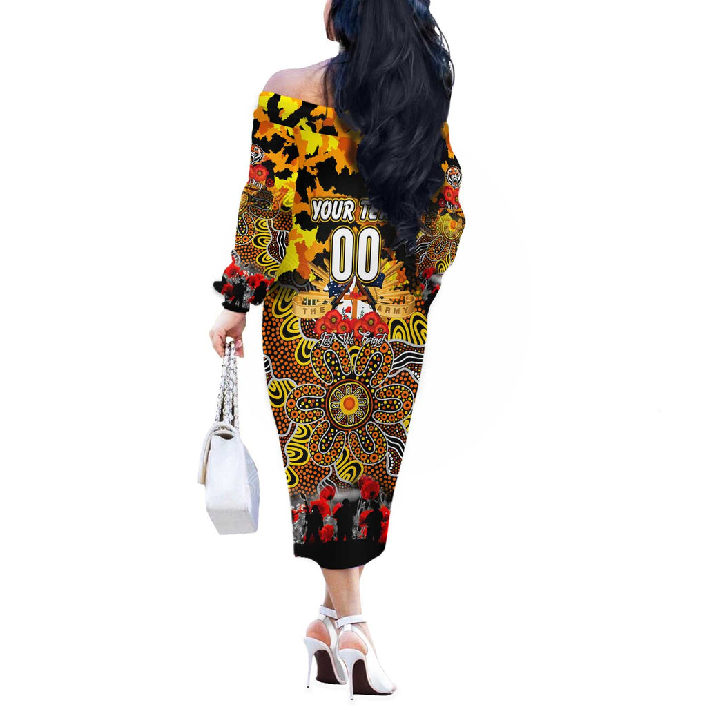 Personalized Tigers ANZAC Day Off The Shoulder Long Sleeve Dress Australian Army - Lest We Forget