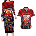 Personalized Roosters ANZAC Day Couples Matching Long Sleeve Bodycon Dress and Hawaiian Shirt Australian Army - Lest We Forget