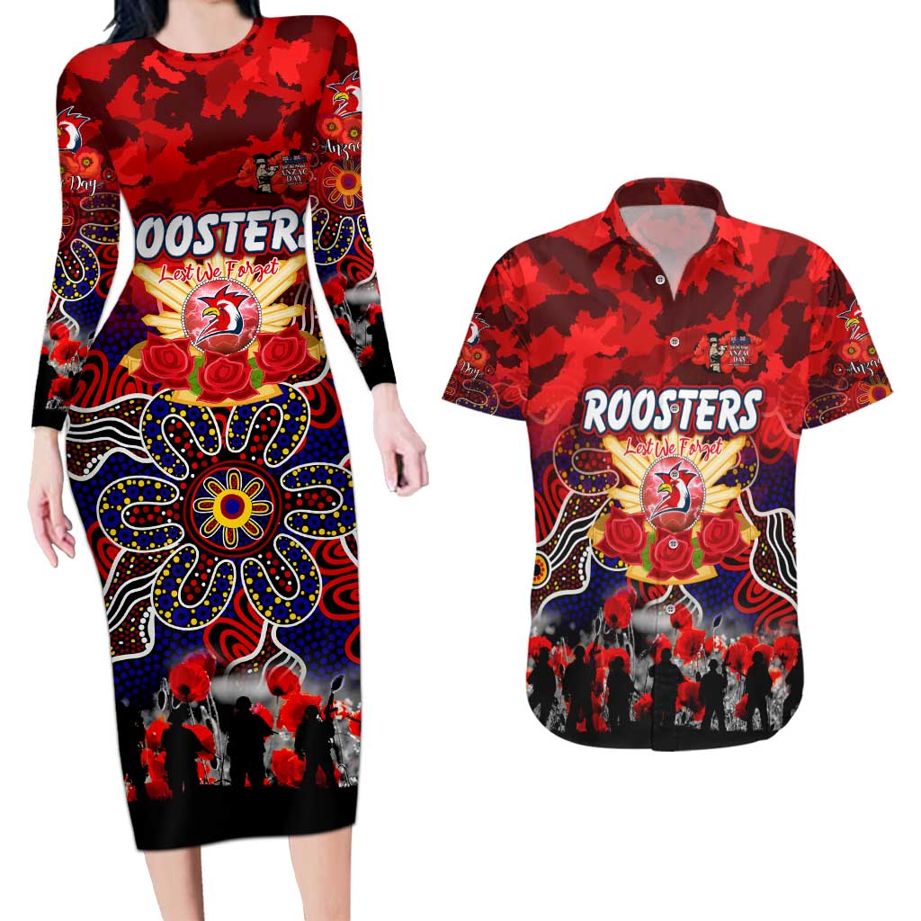 Personalized Roosters ANZAC Day Couples Matching Long Sleeve Bodycon Dress and Hawaiian Shirt Australian Army - Lest We Forget