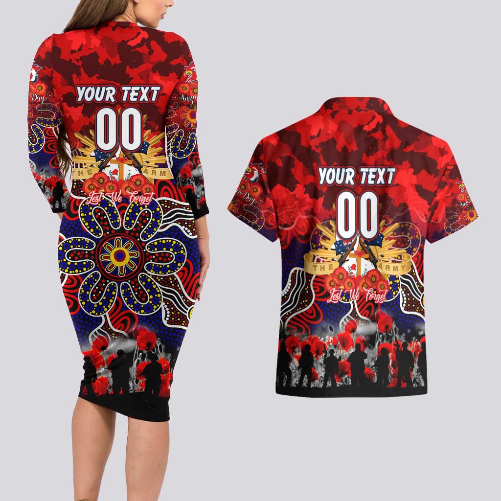 Personalized Roosters ANZAC Day Couples Matching Long Sleeve Bodycon Dress and Hawaiian Shirt Australian Army - Lest We Forget