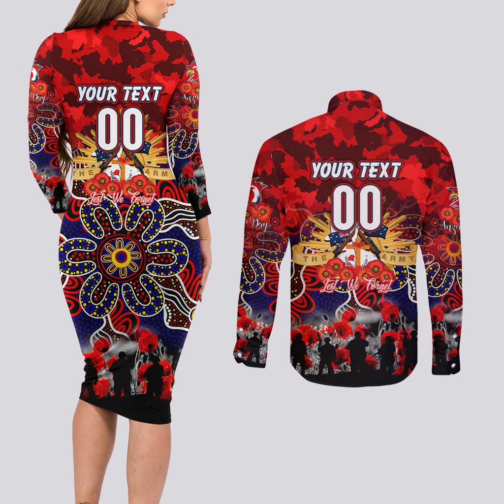 Personalized Roosters ANZAC Day Couples Matching Long Sleeve Bodycon Dress and Long Sleeve Button Shirt Australian Army - Lest We Forget