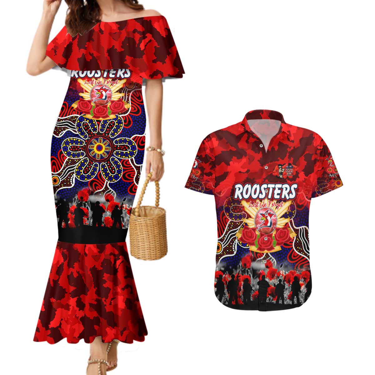 Personalized Roosters ANZAC Day Couples Matching Mermaid Dress and Hawaiian Shirt Australian Army - Lest We Forget