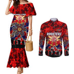 Personalized Roosters ANZAC Day Couples Matching Mermaid Dress and Long Sleeve Button Shirt Australian Army - Lest We Forget