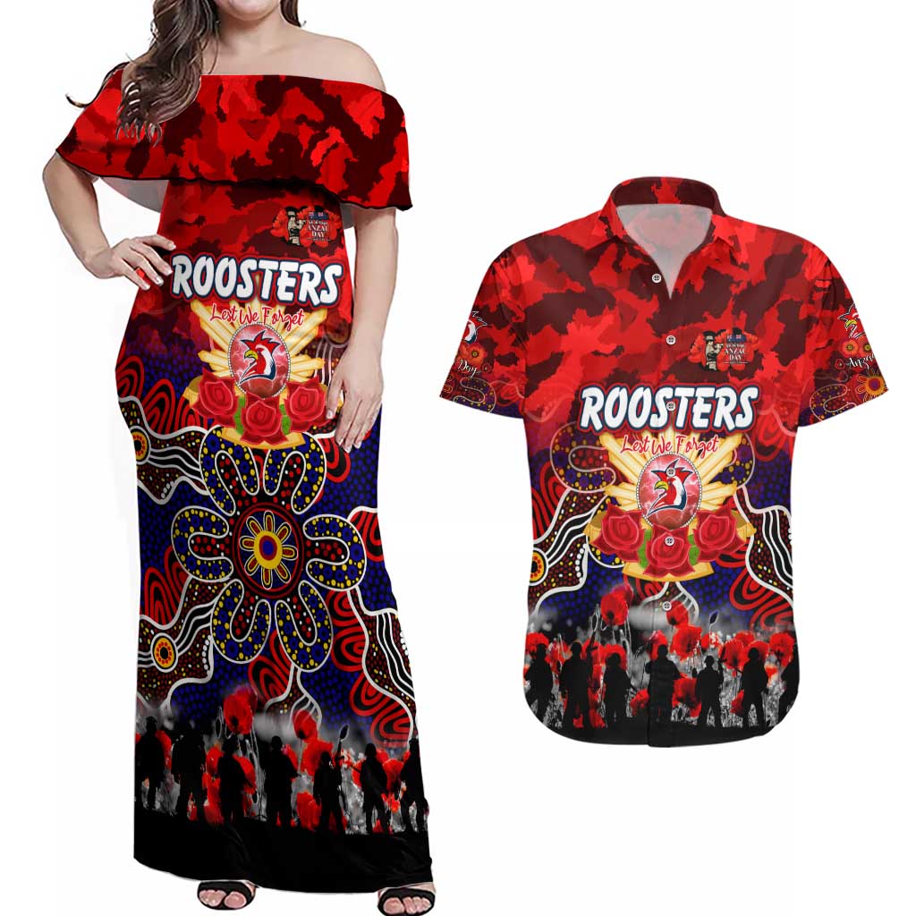 Personalized Roosters ANZAC Day Couples Matching Off Shoulder Maxi Dress and Hawaiian Shirt Australian Army - Lest We Forget