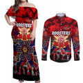 Personalized Roosters ANZAC Day Couples Matching Off Shoulder Maxi Dress and Long Sleeve Button Shirt Australian Army - Lest We Forget