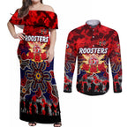 Personalized Roosters ANZAC Day Couples Matching Off Shoulder Maxi Dress and Long Sleeve Button Shirt Australian Army - Lest We Forget