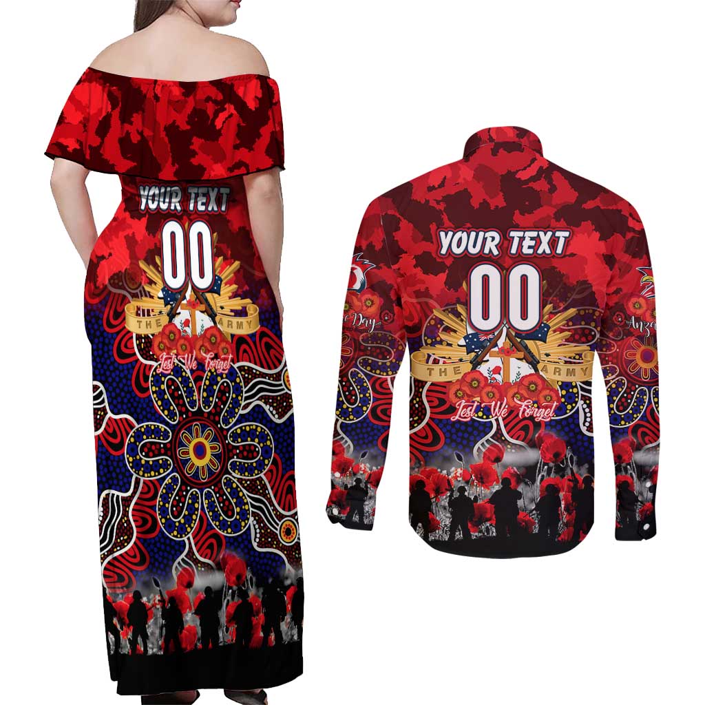 Personalized Roosters ANZAC Day Couples Matching Off Shoulder Maxi Dress and Long Sleeve Button Shirt Australian Army - Lest We Forget