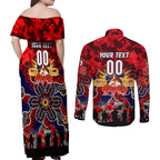 Personalized Roosters ANZAC Day Couples Matching Off Shoulder Maxi Dress and Long Sleeve Button Shirt Australian Army - Lest We Forget