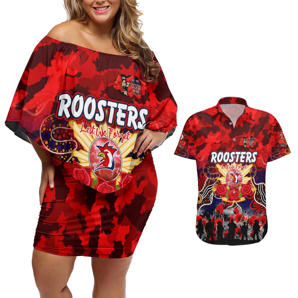 Personalized Roosters ANZAC Day Couples Matching Off Shoulder Short Dress and Hawaiian Shirt Australian Army - Lest We Forget