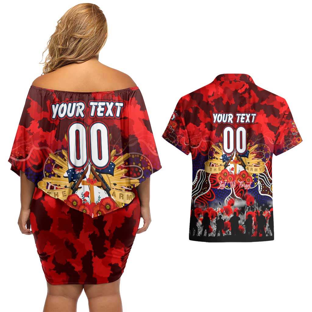 Personalized Roosters ANZAC Day Couples Matching Off Shoulder Short Dress and Hawaiian Shirt Australian Army - Lest We Forget