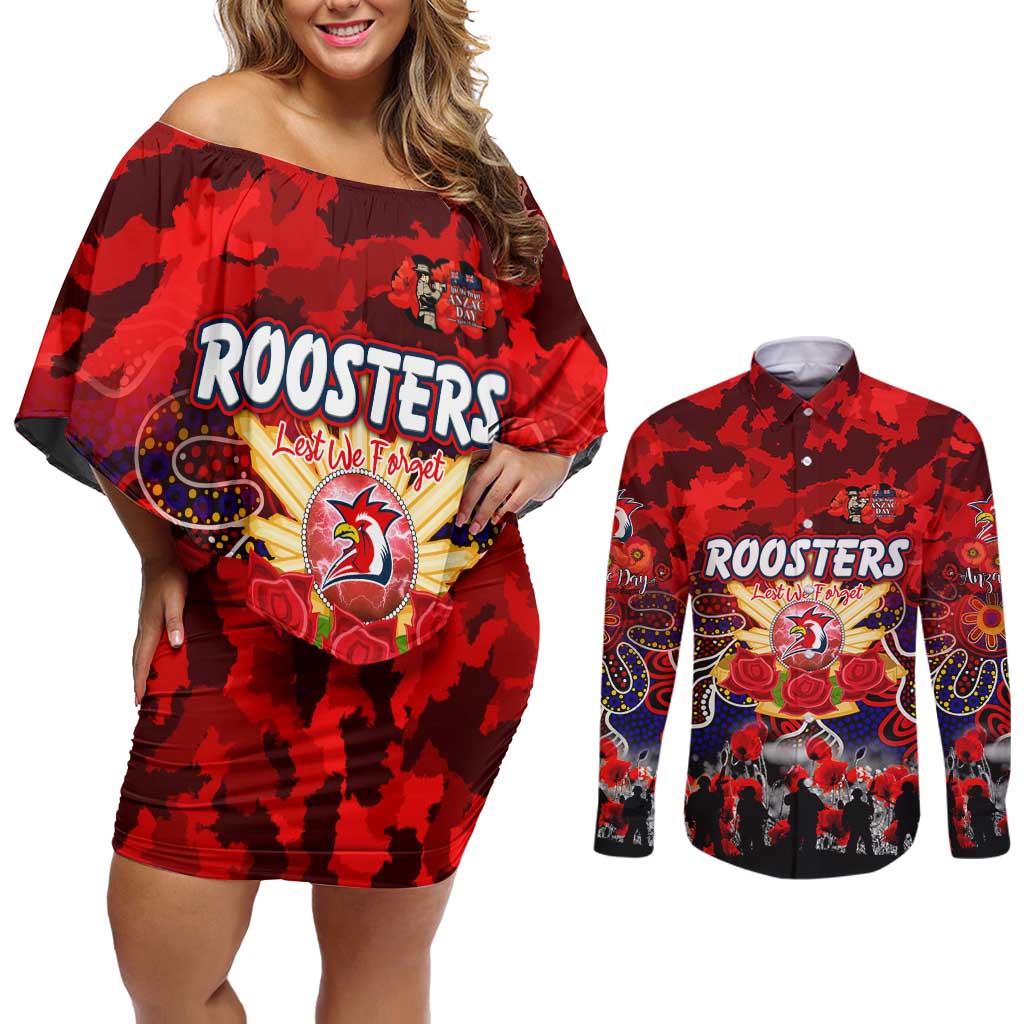 Personalized Roosters ANZAC Day Couples Matching Off Shoulder Short Dress and Long Sleeve Button Shirt Australian Army - Lest We Forget