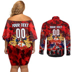 Personalized Roosters ANZAC Day Couples Matching Off Shoulder Short Dress and Long Sleeve Button Shirt Australian Army - Lest We Forget