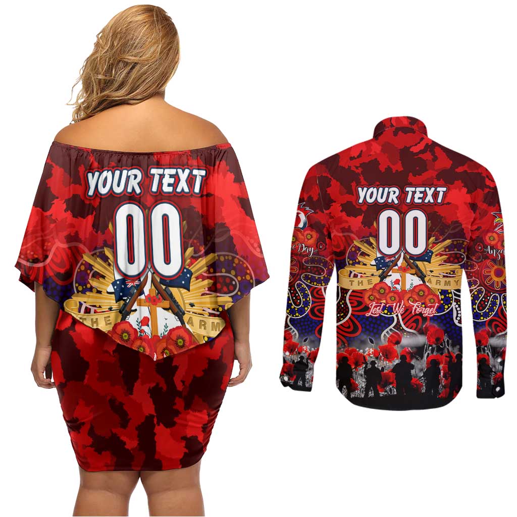 Personalized Roosters ANZAC Day Couples Matching Off Shoulder Short Dress and Long Sleeve Button Shirt Australian Army - Lest We Forget