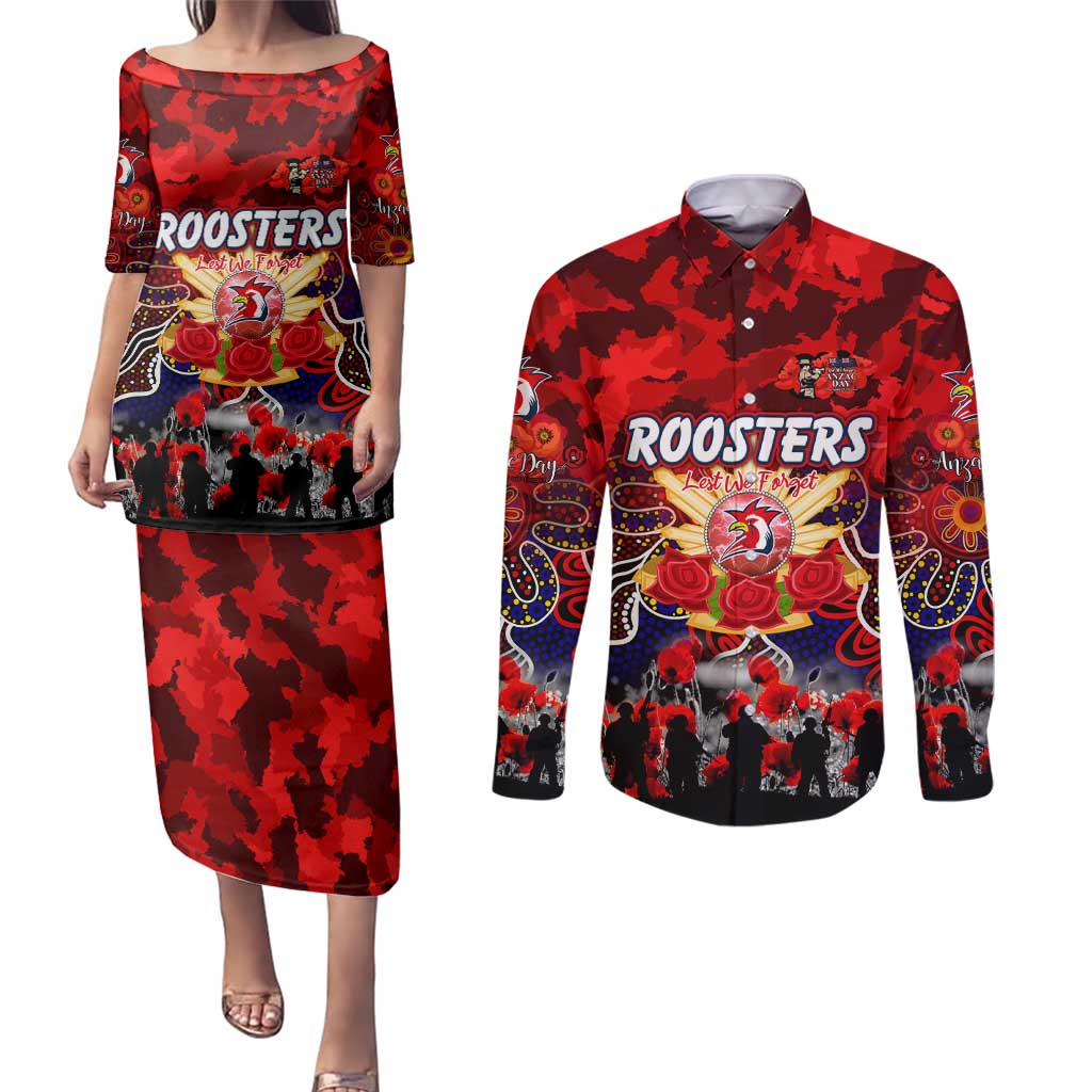 Personalized Roosters ANZAC Day Couples Matching Puletasi and Long Sleeve Button Shirt Australian Army - Lest We Forget