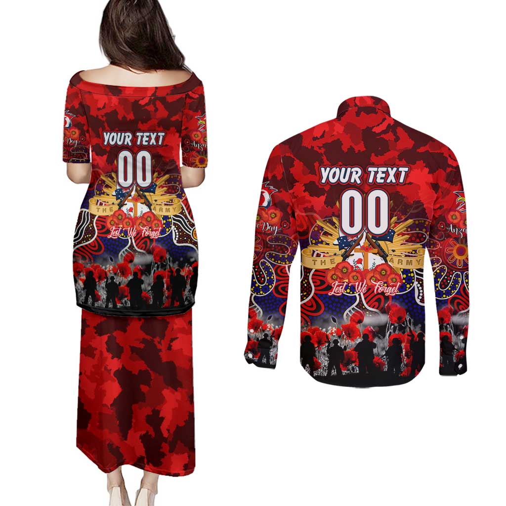 Personalized Roosters ANZAC Day Couples Matching Puletasi and Long Sleeve Button Shirt Australian Army - Lest We Forget
