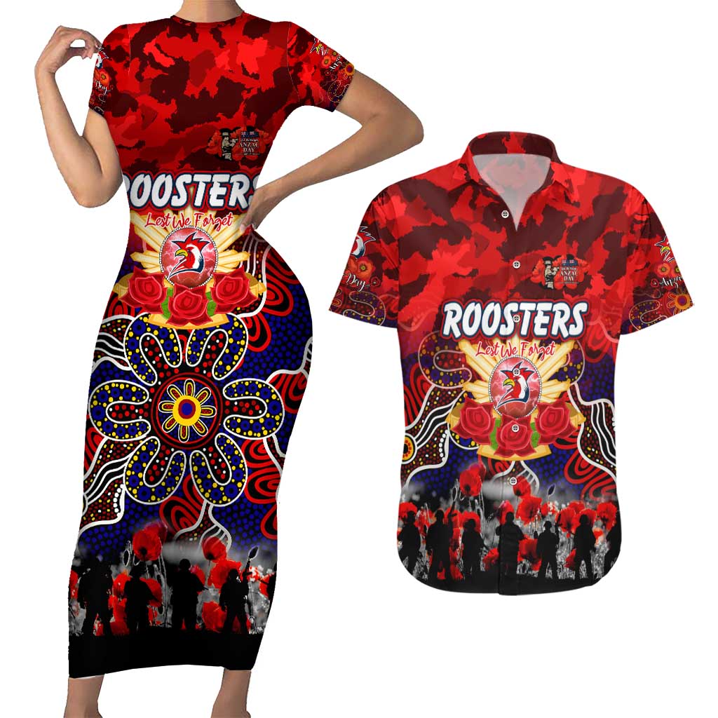 Personalized Roosters ANZAC Day Couples Matching Short Sleeve Bodycon Dress and Hawaiian Shirt Australian Army - Lest We Forget