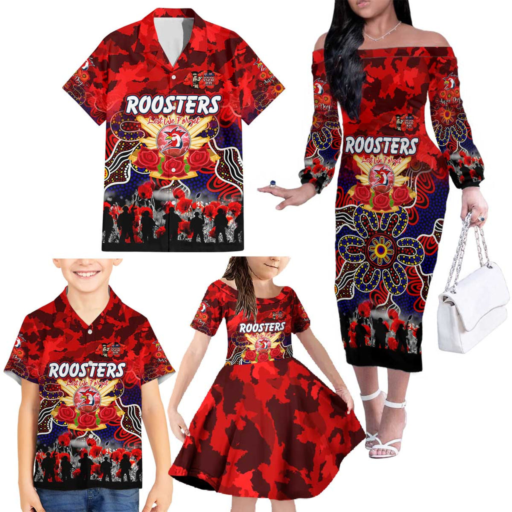 Personalized Roosters ANZAC Day Family Matching Off The Shoulder Long Sleeve Dress and Hawaiian Shirt Australian Army - Lest We Forget