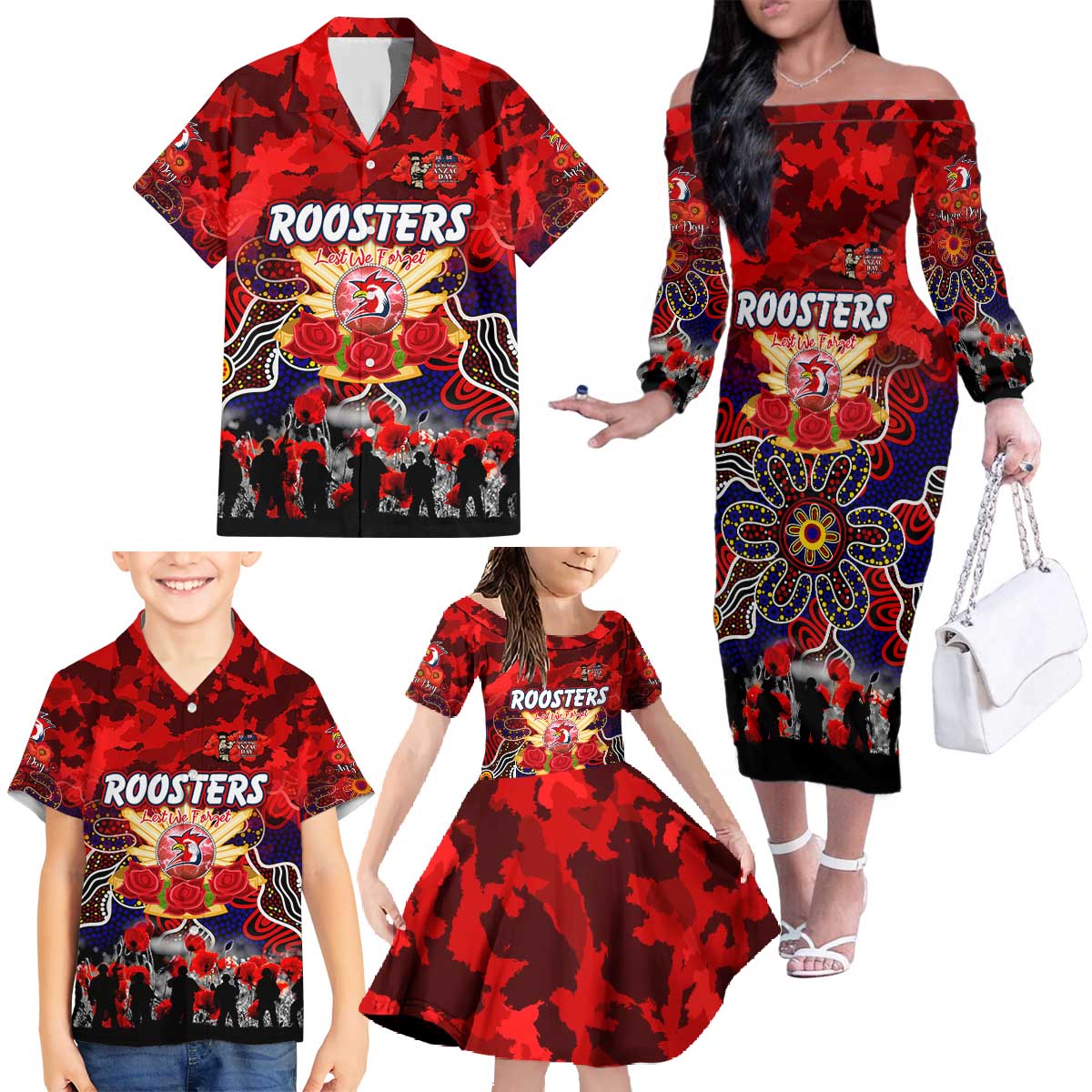 Personalized Roosters ANZAC Day Family Matching Off The Shoulder Long Sleeve Dress and Hawaiian Shirt Australian Army - Lest We Forget