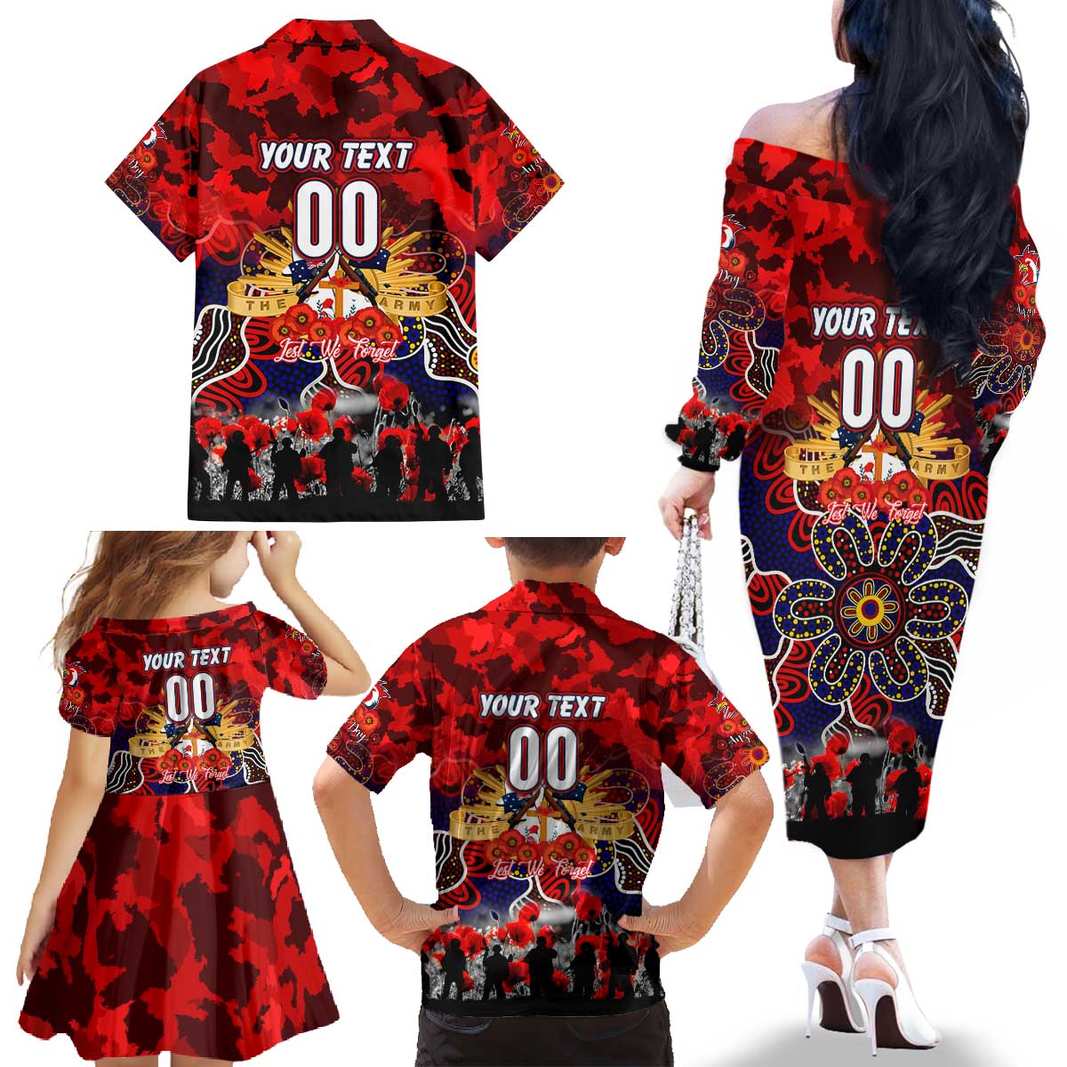 Personalized Roosters ANZAC Day Family Matching Off The Shoulder Long Sleeve Dress and Hawaiian Shirt Australian Army - Lest We Forget