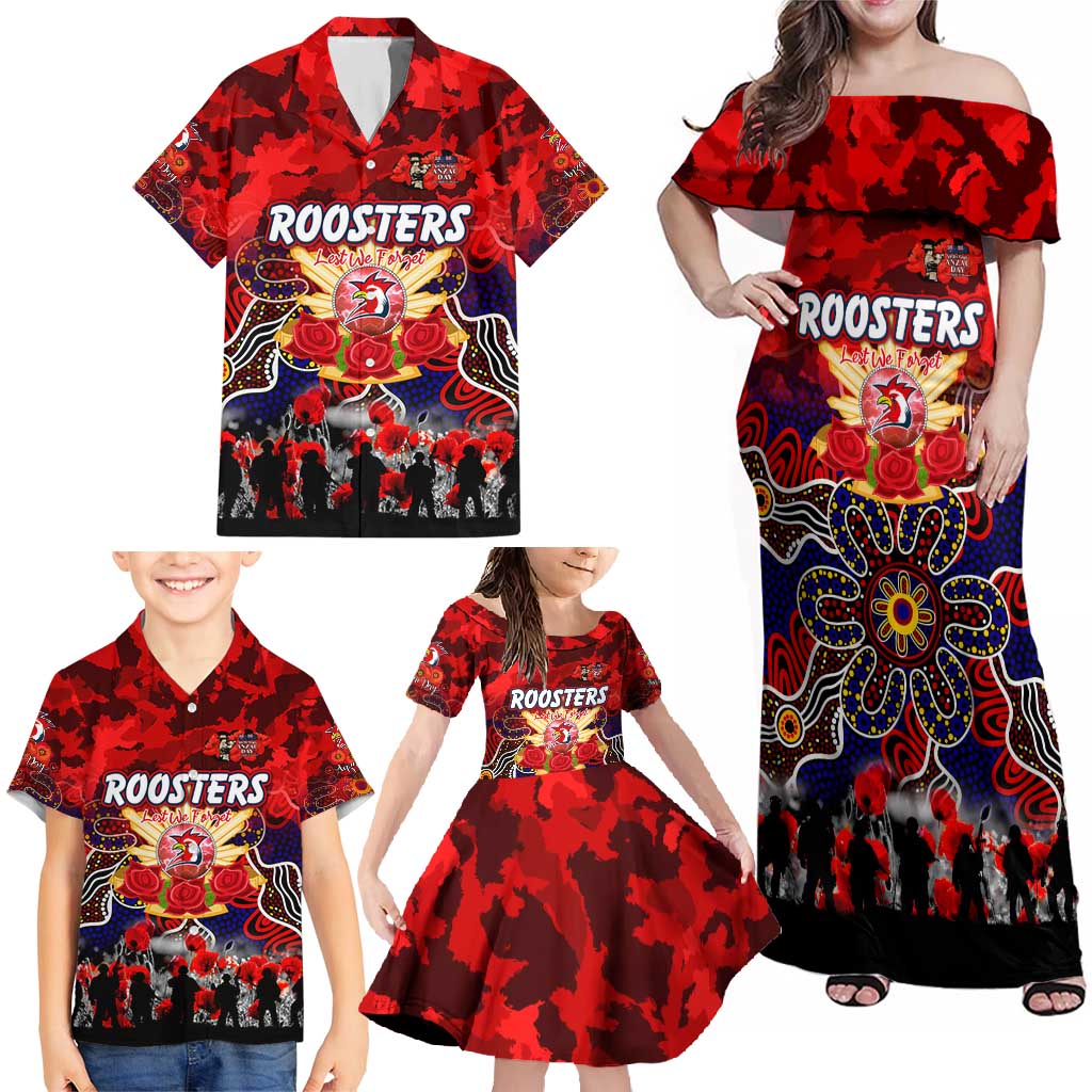 Personalized Roosters ANZAC Day Family Matching Off Shoulder Maxi Dress and Hawaiian Shirt Australian Army - Lest We Forget