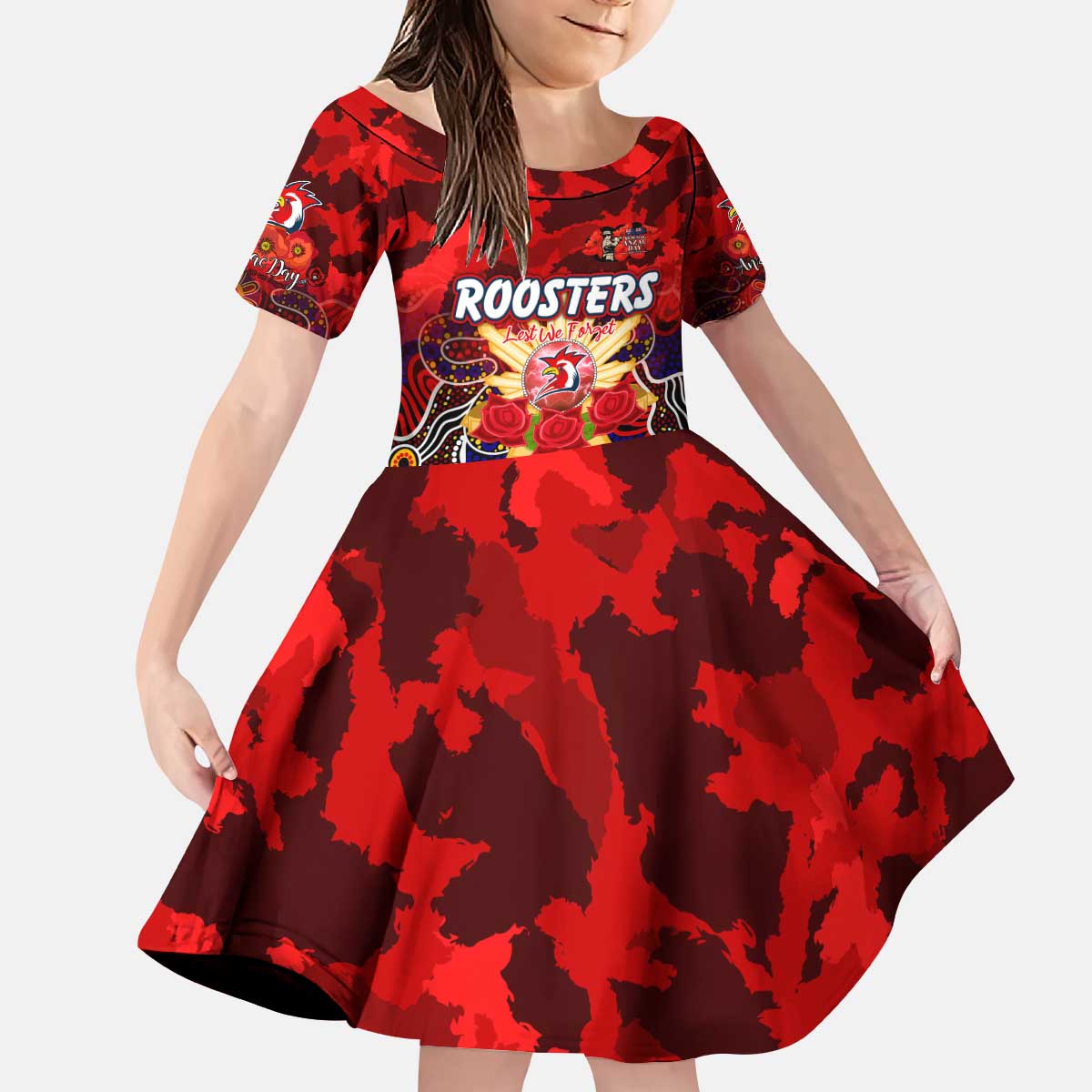 Personalized Roosters ANZAC Day Kid Short Sleeve Dress Australian Army - Lest We Forget