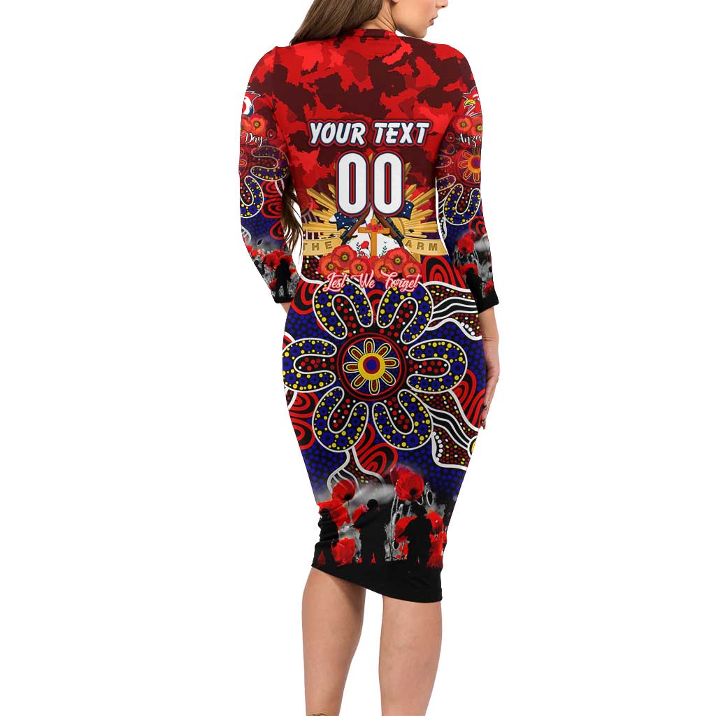 Personalized Roosters ANZAC Day Long Sleeve Bodycon Dress Australian Army - Lest We Forget