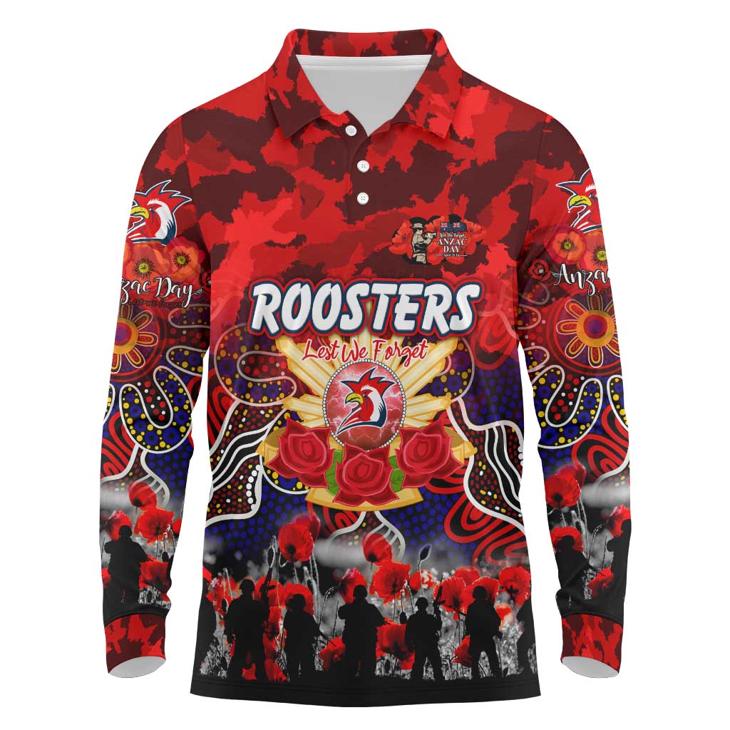Personalized Roosters ANZAC Day Long Sleeve Polo Shirt Australian Army - Lest We Forget