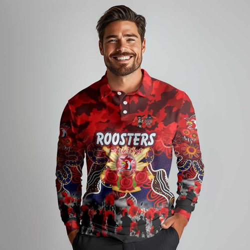 Personalized Roosters ANZAC Day Long Sleeve Polo Shirt Australian Army - Lest We Forget