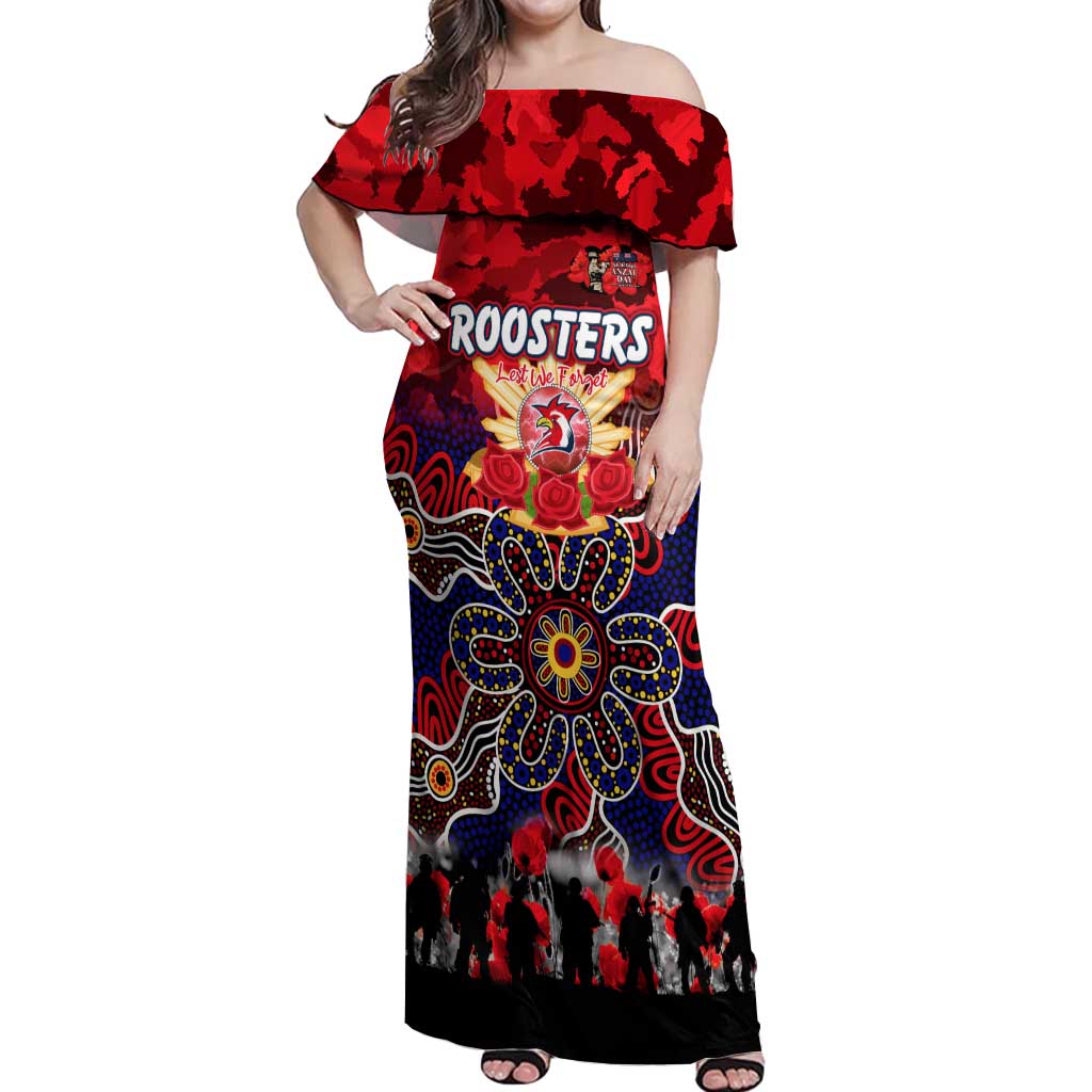 Personalized Roosters ANZAC Day Off Shoulder Maxi Dress Australian Army - Lest We Forget