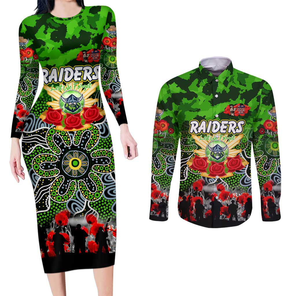 Personalized Raiders ANZAC Day Couples Matching Long Sleeve Bodycon Dress and Long Sleeve Button Shirt Australian Army - Lest We Forget
