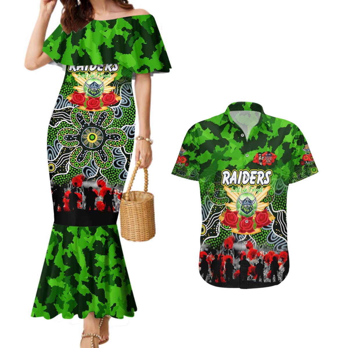 Personalized Raiders ANZAC Day Couples Matching Mermaid Dress and Hawaiian Shirt Australian Army - Lest We Forget