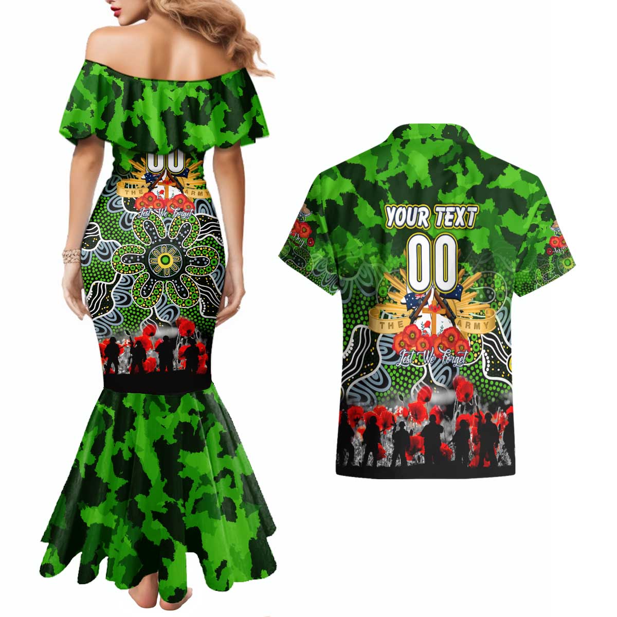 Personalized Raiders ANZAC Day Couples Matching Mermaid Dress and Hawaiian Shirt Australian Army - Lest We Forget