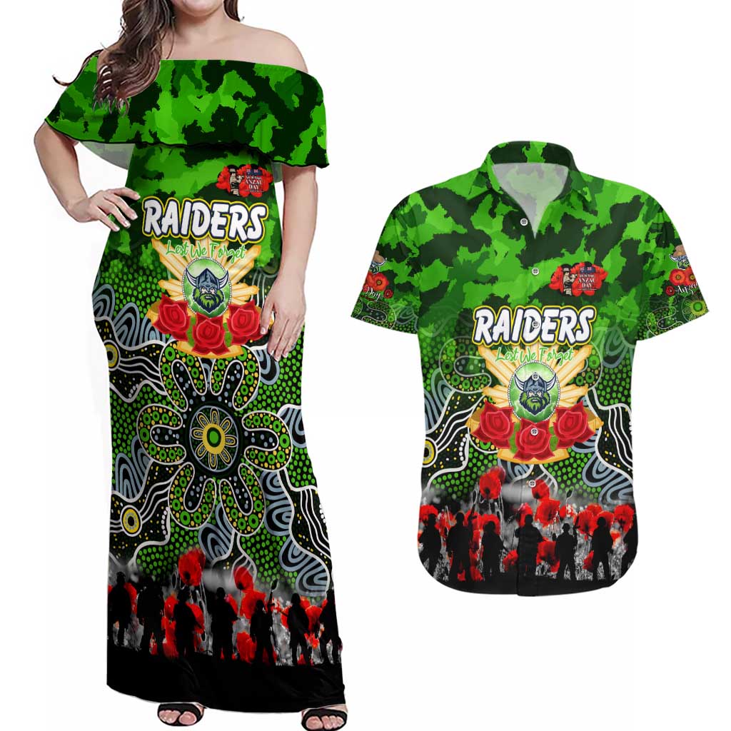 Personalized Raiders ANZAC Day Couples Matching Off Shoulder Maxi Dress and Hawaiian Shirt Australian Army - Lest We Forget