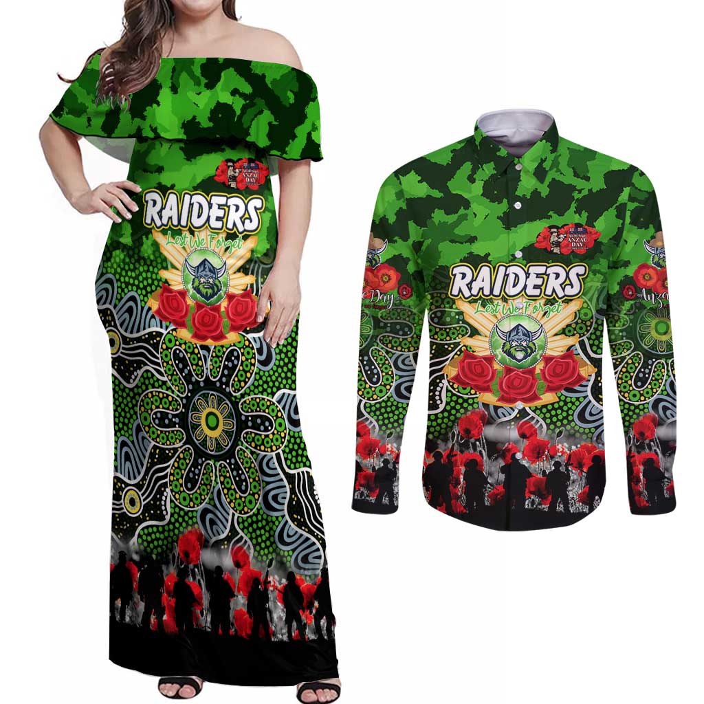 Personalized Raiders ANZAC Day Couples Matching Off Shoulder Maxi Dress and Long Sleeve Button Shirt Australian Army - Lest We Forget