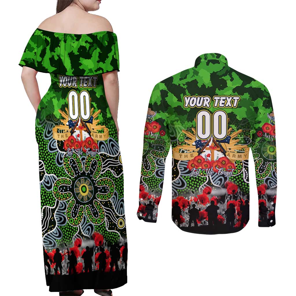 Personalized Raiders ANZAC Day Couples Matching Off Shoulder Maxi Dress and Long Sleeve Button Shirt Australian Army - Lest We Forget