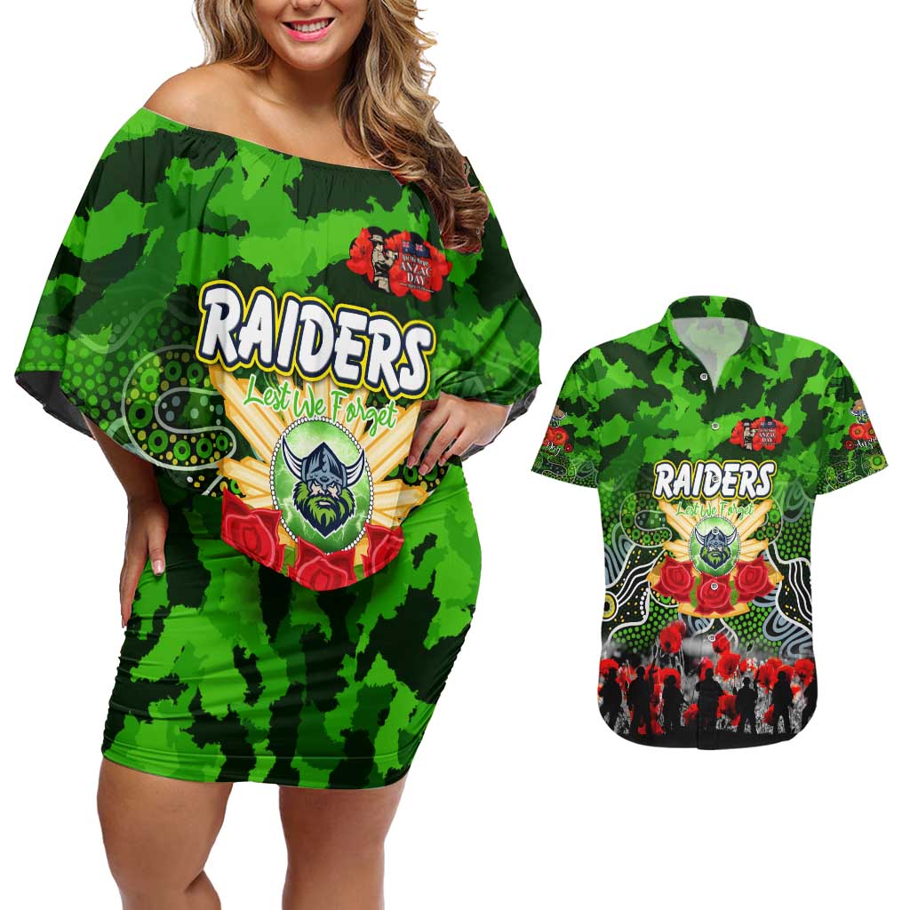 Personalized Raiders ANZAC Day Couples Matching Off Shoulder Short Dress and Hawaiian Shirt Australian Army - Lest We Forget