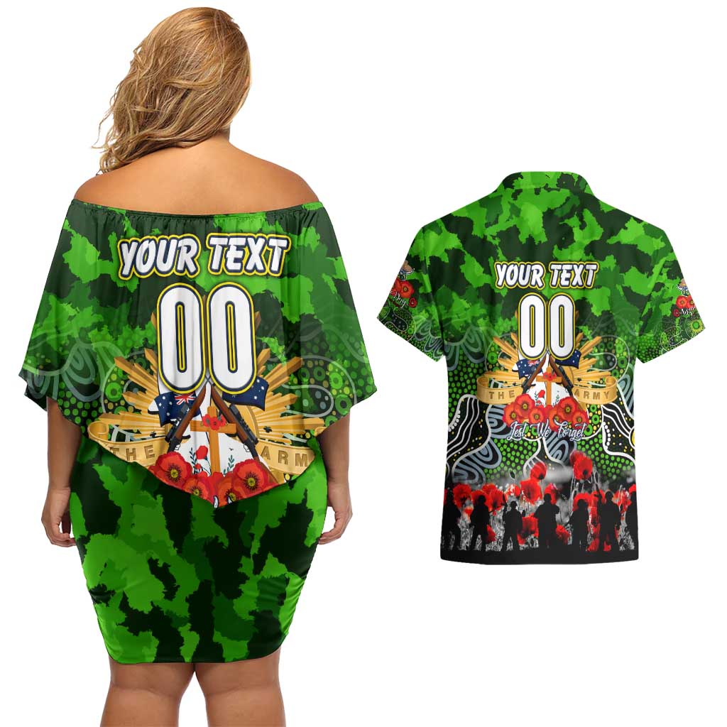 Personalized Raiders ANZAC Day Couples Matching Off Shoulder Short Dress and Hawaiian Shirt Australian Army - Lest We Forget